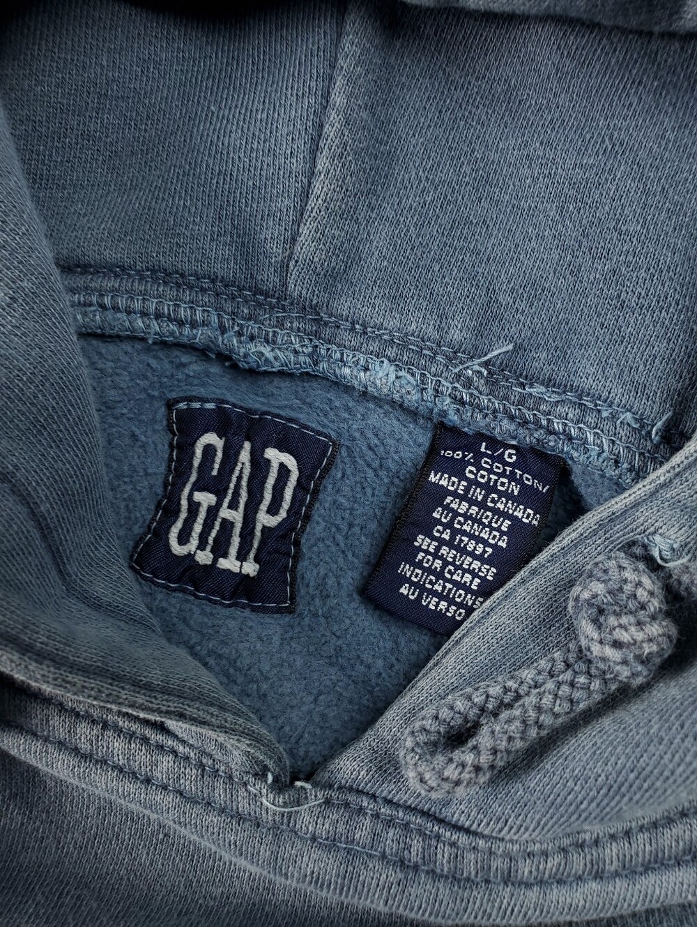 Vintage 90s Gap Hoodie Mens Large Blue Jeans Graphic Faded Pullover Sweatshirt - Picture 4 of 8